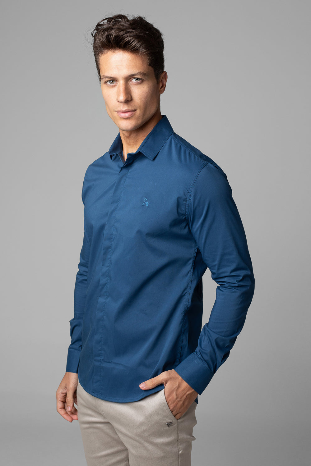 Camisa Social Masculina Tricoline Acetinada Slim Fit Vista Oculta ML