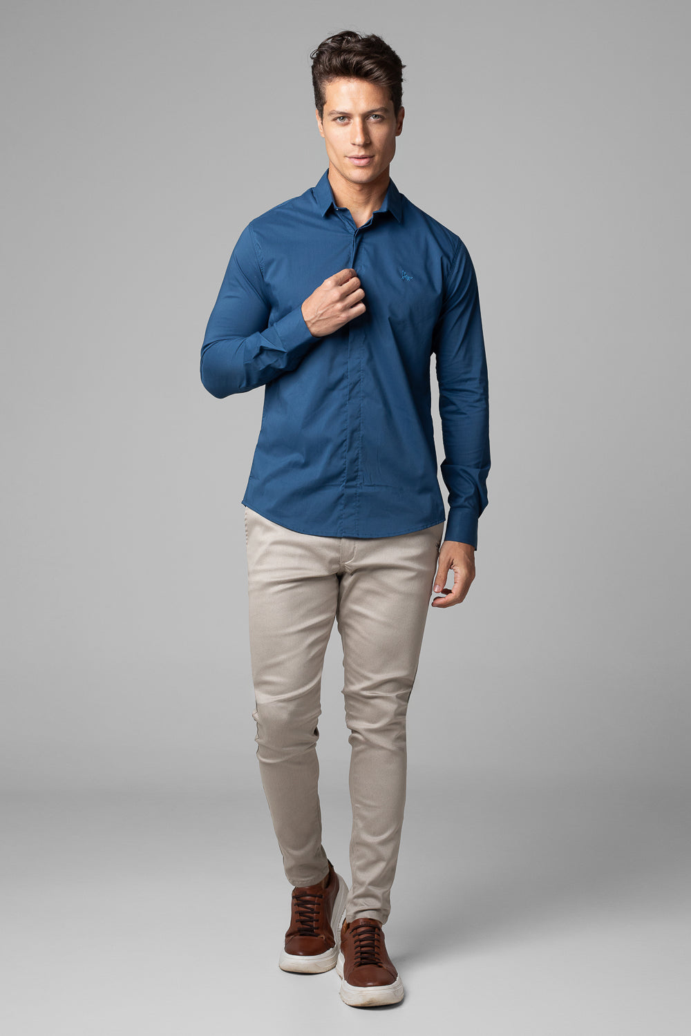 Camisa Social Masculina Tricoline Acetinada Slim Fit Vista Oculta ML