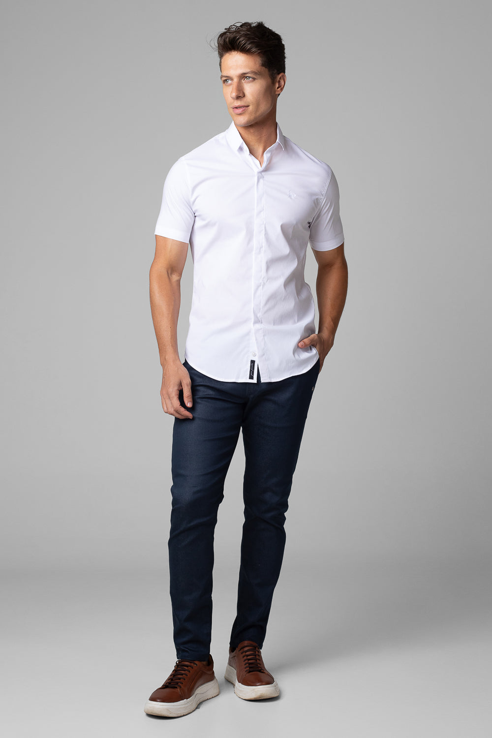 Camisa Social Masculina Tricoline Acetinada Slim Fit Vista Oculta MC