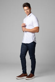 Camisa Social Masculina Tricoline Acetinada Slim Fit Vista Oculta MC
