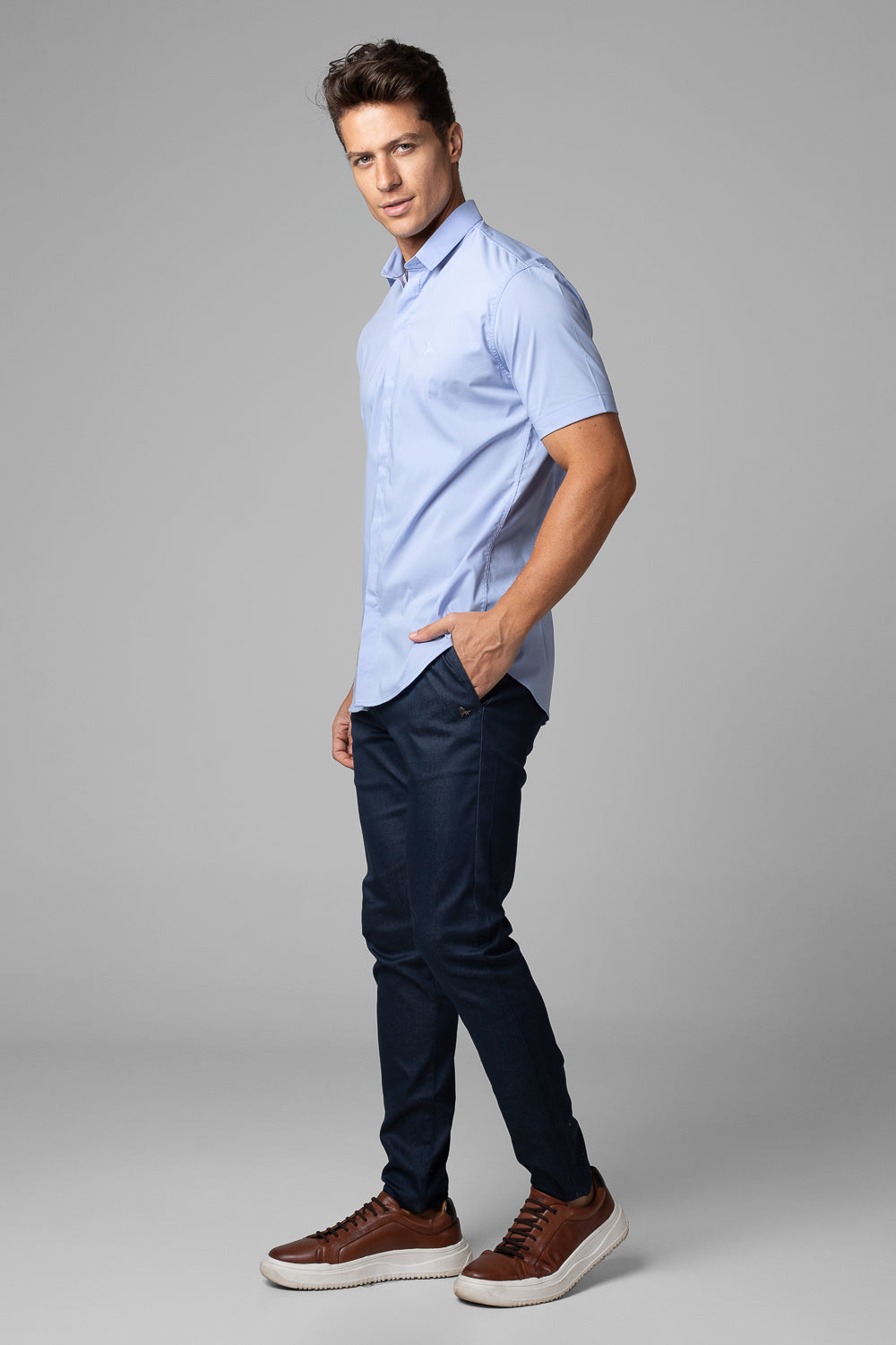 Camisa Social Masculina Tricoline Acetinada Slim Fit Vista Oculta MC
