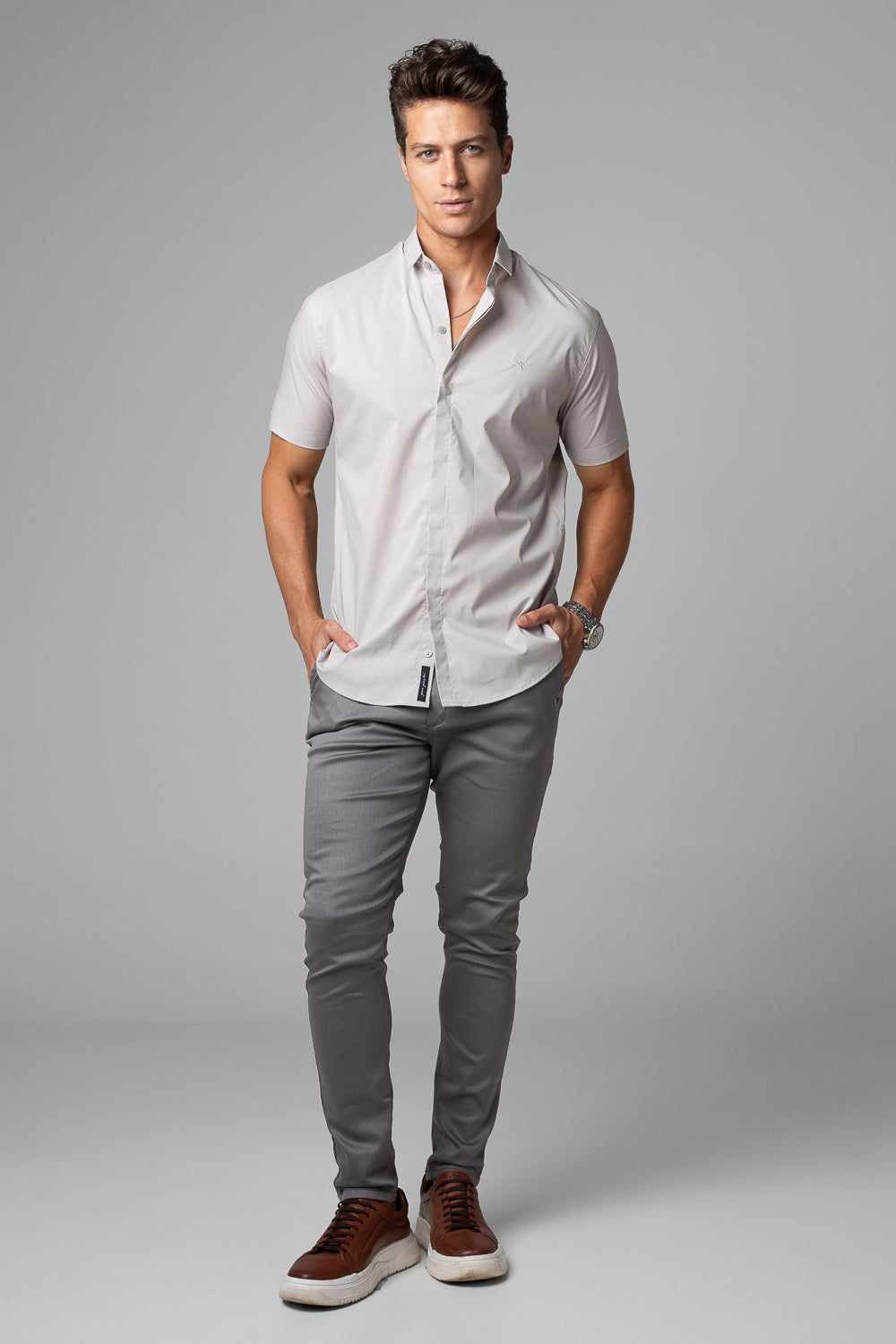 Camisa Social Masculina Tricoline Acetinada Slim Fit Vista Oculta MC